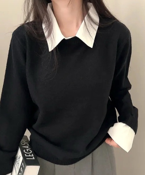 SHEENA(シーナ)の「レイヤードデザインニットプルオーバー(ニット/セーター・レディース・グレー/ブラック/レッド/ネイビー・M)」の2枚目の写真