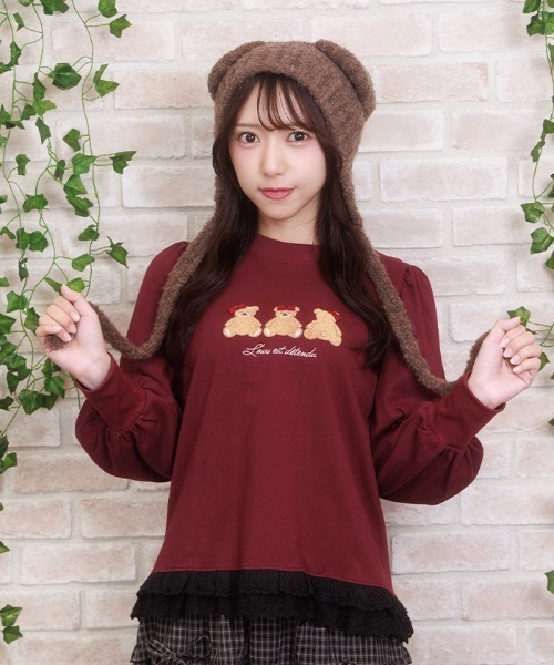 axes femme POETIQUE（アクシーズファムポエティック）の「くまボア刺繍裾レースＴシャツ（Tシャツ/カットソー・レディース・イエロー/サックスブルー/ワイン・MEDIUM）」の3枚目の写真