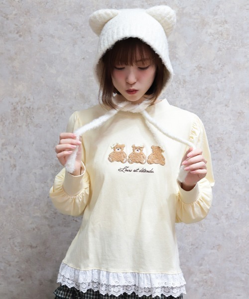 axes femme POETIQUE（アクシーズファムポエティック）の「くまボア刺繍裾レースＴシャツ（Tシャツ/カットソー・レディース・イエロー/サックスブルー/ワイン・MEDIUM）」の12枚目の写真
