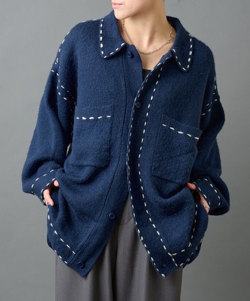 COLONY 2139（コロニートゥーワンスリーナイン）の「モヘアライクハンドステッチ襟付きカーディガン（カーディガン/ボレロ・メンズ・グレー/ブラック/ネイビー・MEDIUM/LARGE）」の3枚目の写真