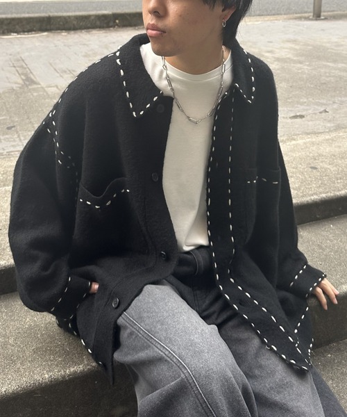 COLONY 2139（コロニートゥーワンスリーナイン）の「モヘアライクハンドステッチ襟付きカーディガン（カーディガン/ボレロ・メンズ・グレー/ブラック/ネイビー・MEDIUM/LARGE）」の2枚目の写真