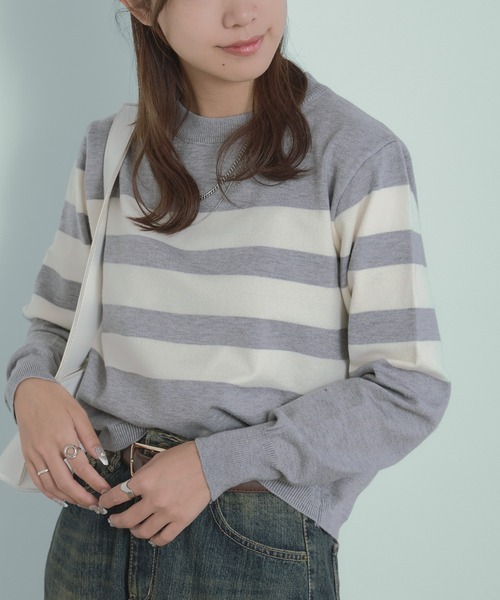 H.TOKYO(エイチトウキョウ)の「【定番柄】太幅ボーダー柄 クルーネックニット(ニット/セーター・レディース・グレー/ブラック/ホワイト×ブラウン/ホワイト×ブラック・FREE)」の2枚目の写真