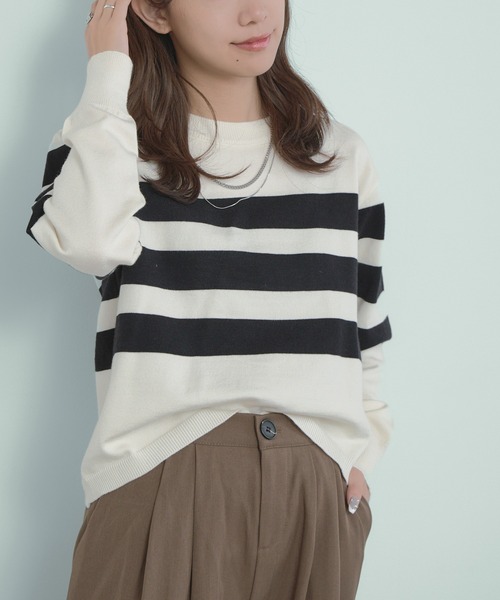 H.TOKYO(エイチトウキョウ)の「【定番柄】太幅ボーダー柄 クルーネックニット(ニット/セーター・レディース・グレー/ブラック/ホワイト×ブラウン/ホワイト×ブラック・FREE)」の6枚目の写真