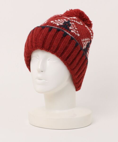 セール】【秋冬新作】ポンポン付きノルディック柄ニット帽（ニット
