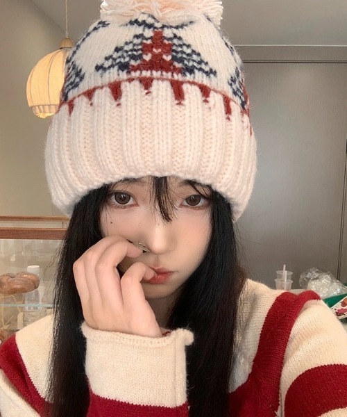 セール】【秋冬新作】ポンポン付きノルディック柄ニット帽（ニット