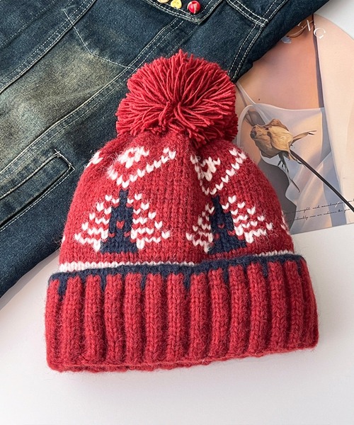 セール】【秋冬新作】ポンポン付きノルディック柄ニット帽（ニット