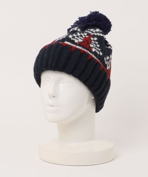セール】【秋冬新作】ポンポン付きノルディック柄ニット帽（ニット