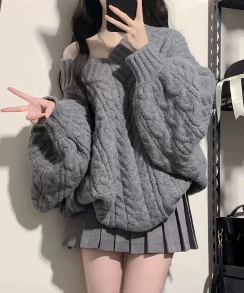 ampm(エーエムピーエム)の「ケーブルニット×プリーツスカート セットアップ(ニット/セーター・レディース・グレー・M/S/L)」の5枚目の写真