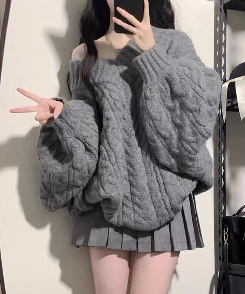 ampm(エーエムピーエム)の「ケーブルニット×プリーツスカート セットアップ(ニット/セーター・レディース・グレー・M/S/L)」の9枚目の写真