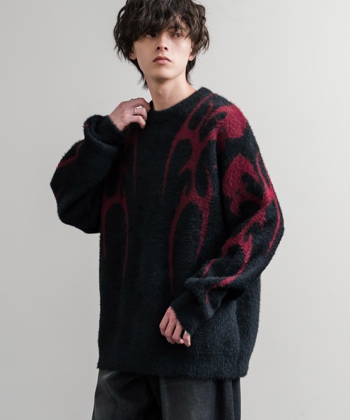セール】5Gフェザーヤーンジャガードトライバル柄ルーズクルーネック