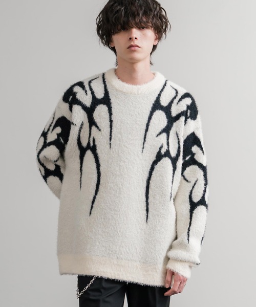 セール】5Gフェザーヤーンジャガードトライバル柄ルーズクルーネック