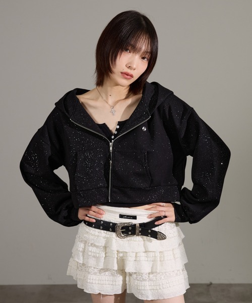 apres jour mignon（アプレジュールミニョン）の「【セットアップ着用可能】キラキラポンチパーカー（パーカー・レディース・ブラック/チャコールグレー/ネイビー/オフホワイト/杢グレー・SMALL/LARGE）」の11枚目の写真