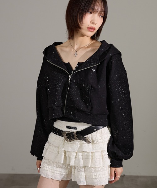 apres jour mignon（アプレジュールミニョン）の「【セットアップ着用可能】キラキラポンチパーカー（パーカー・レディース・ブラック/チャコールグレー/ネイビー/オフホワイト/杢グレー・SMALL/LARGE）」の10枚目の写真