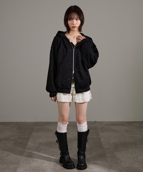 apres jour mignon（アプレジュールミニョン）の「【セットアップ着用可能】キラキラポンチパーカー（パーカー・レディース・ブラック/チャコールグレー/ネイビー/オフホワイト/杢グレー・SMALL/LARGE）」の6枚目の写真