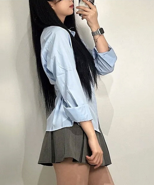 VIVID LADY（ビビッドレディー）の「ウエスト ボタン付き カラーシャツ（シャツ/ブラウス・レディース・ネイビー/ホワイト/ライトブルー・FREE）」の13枚目の写真