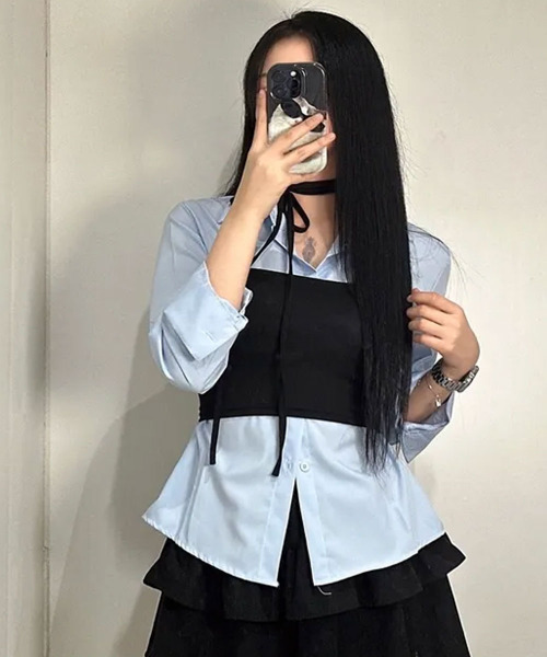 VIVID LADY（ビビッドレディー）の「ウエスト ボタン付き カラーシャツ（シャツ/ブラウス・レディース・ネイビー/ホワイト/ライトブルー・FREE）」の14枚目の写真