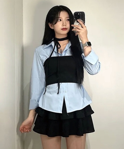 VIVID LADY（ビビッドレディー）の「ウエスト ボタン付き カラーシャツ（シャツ/ブラウス・レディース・ネイビー/ホワイト/ライトブルー・FREE）」の16枚目の写真