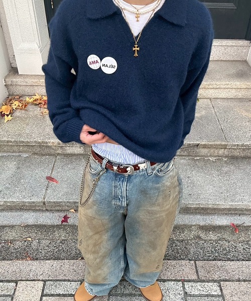 UNDERSTATEMENTs(アンダーステイトメント)の「【ユニセックス】缶バッチ付きスキッパーニットポロ(ニット/セーター・メンズ・グレー/ライトブルー/ネイビー・MEDIUM/LARGE)」の15枚目の写真