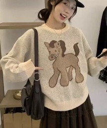 【25秋冬新作】ポニー柄ジャガードニット/ふわふわ ゆるシルエット セーター
