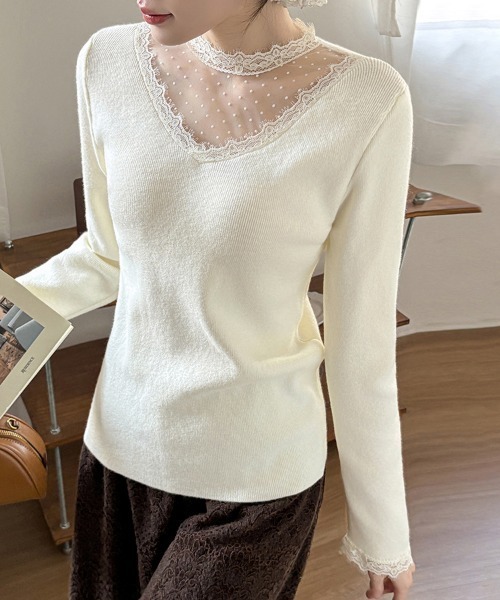ONEP STAR(ワンピスター)の「レース付きメッシュ切り替えニット(ニット/セーター・レディース・ブラック/オフホワイト・FREE)」の14枚目の写真