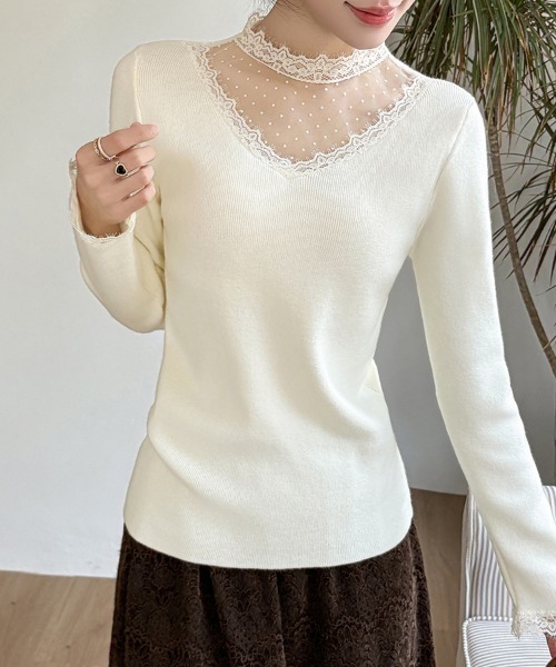 ONEP STAR(ワンピスター)の「レース付きメッシュ切り替えニット(ニット/セーター・レディース・ブラック/オフホワイト・FREE)」の15枚目の写真