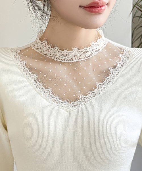 ONEP STAR(ワンピスター)の「レース付きメッシュ切り替えニット(ニット/セーター・レディース・ブラック/オフホワイト・FREE)」の7枚目の写真