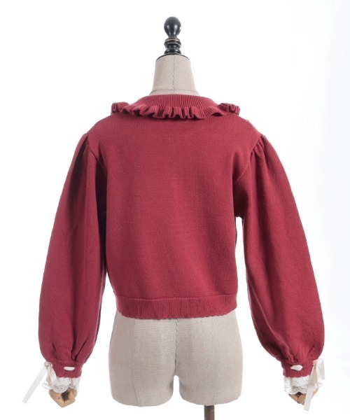 axes femme POETIQUE（アクシーズファムポエティック）の「袖口レース衿付きニットカーディガン（カーディガン/ボレロ・レディース・ピンク/レッド/ブラック・MEDIUM）」の4枚目の写真