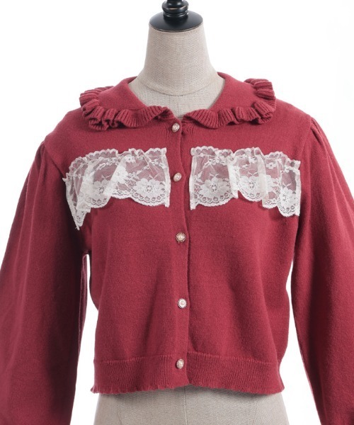 axes femme POETIQUE（アクシーズファムポエティック）の「袖口レース衿付きニットカーディガン（カーディガン/ボレロ・レディース・ピンク/レッド/ブラック・MEDIUM）」の5枚目の写真