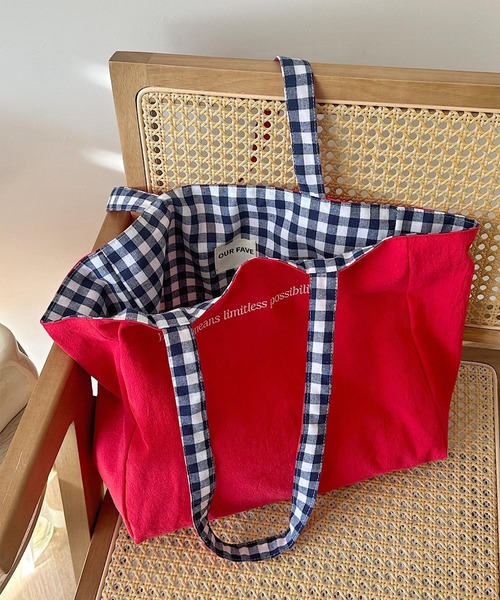 VIBGYOR（ヴィブジョー）の「Mignonjour/ロゴチェック柄リバーシブルトートバッグ M2885（トートバッグ・レディース・レッド/ホワイト/グレー・FREE）」の6枚目の写真