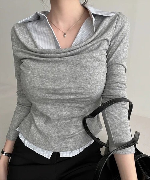 leune(ルネ)の「ストライプシャツドッキングドレープトップス(Tシャツ/カットソー・レディース・チャコールグレー/グレー・FREE)」の1枚目の写真