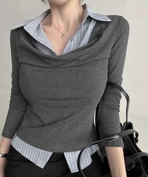 leune（ルネ）の「ストライプシャツドッキングドレープトップス（Tシャツ/カットソー）」