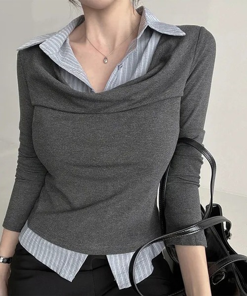 leune(ルネ)の「ストライプシャツドッキングドレープトップス(Tシャツ/カットソー・レディース・チャコールグレー/グレー・FREE)」の2枚目の写真