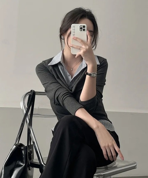 leune(ルネ)の「ストライプシャツドッキングドレープトップス(Tシャツ/カットソー・レディース・チャコールグレー/グレー・FREE)」の13枚目の写真