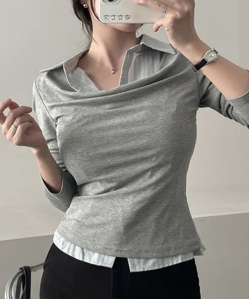 leune(ルネ)の「ストライプシャツドッキングドレープトップス(Tシャツ/カットソー・レディース・チャコールグレー/グレー・FREE)」の7枚目の写真