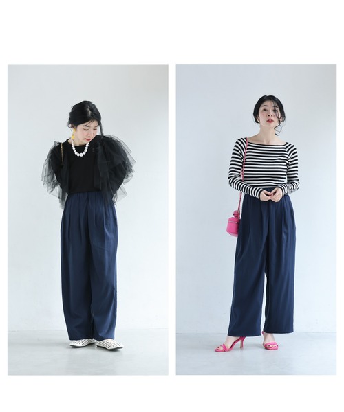 cawaii(カワイイ)の「ウエストから流れるタックのさらり軽やかなワイドパンツ(その他パンツ・レディース・ネイビー/グレイッシュベージュ・FREE)」の12枚目の写真