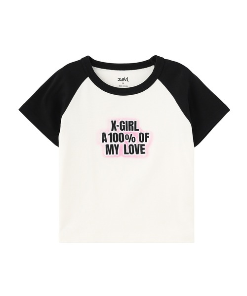 X-girl（エックスガール）の「SPRAY AND EMBROIDERY LOGO RAGLAN S/S BABY TEE（Tシャツ/カットソー・レディース・ブラック/ホワイト/ベージュ・S/M）」の2枚目の写真