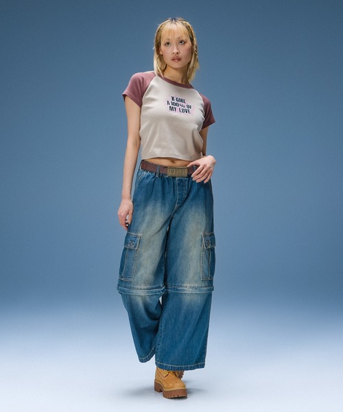 X-girl（エックスガール）の「SPRAY AND EMBROIDERY LOGO RAGLAN S/S BABY TEE（Tシャツ/カットソー・レディース・ブラック/ホワイト/ベージュ・S/M）」の6枚目の写真