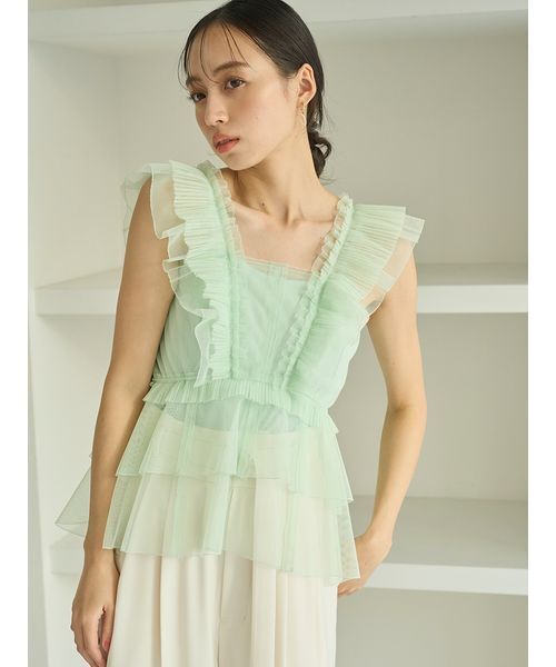 SNIDEL（スナイデル）の「Sustainableチュールペプラムブラウス（シャツ/ブラウス・レディース・ライム/アイボリー/チャコールグレー・F）」の8枚目の写真