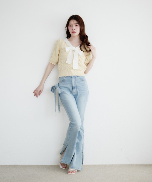 fupel（フぺル）の「cotton lace cable knit tops / コットンレースケーブルニットトップス（ニット/セーター・レディース・アイボリー/ライトグリーン・FREE）」の4枚目の写真