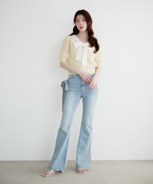 fupel（フぺル）の「cotton lace cable knit tops / コットンレースケーブルニットトップス（ニット/セーター・レディース・アイボリー/ライトグリーン・FREE）」の5枚目の写真