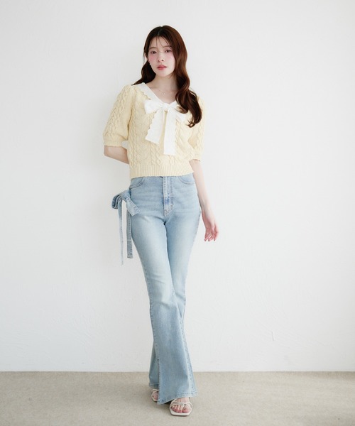 fupel（フぺル）の「cotton lace cable knit tops / コットンレースケーブルニットトップス（ニット/セーター・レディース・アイボリー/ライトグリーン・FREE）」の6枚目の写真