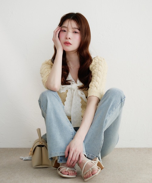 fupel（フぺル）の「cotton lace cable knit tops / コットンレースケーブルニットトップス（ニット/セーター・レディース・アイボリー/ライトグリーン・FREE）」の10枚目の写真