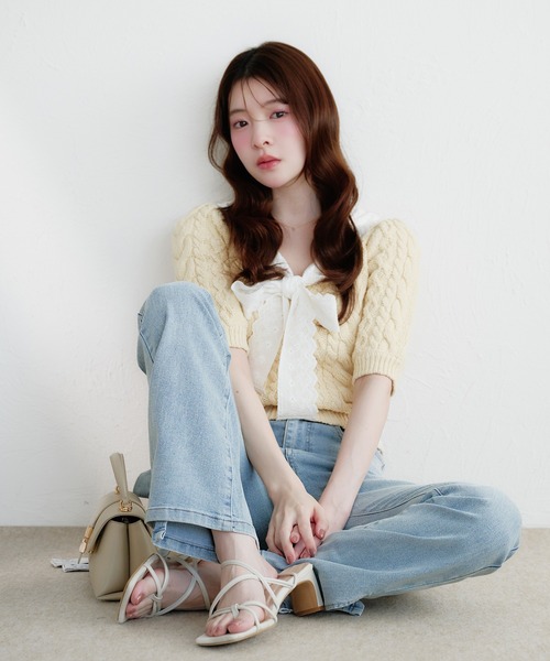 fupel（フぺル）の「cotton lace cable knit tops / コットンレースケーブルニットトップス（ニット/セーター・レディース・アイボリー/ライトグリーン・FREE）」の11枚目の写真