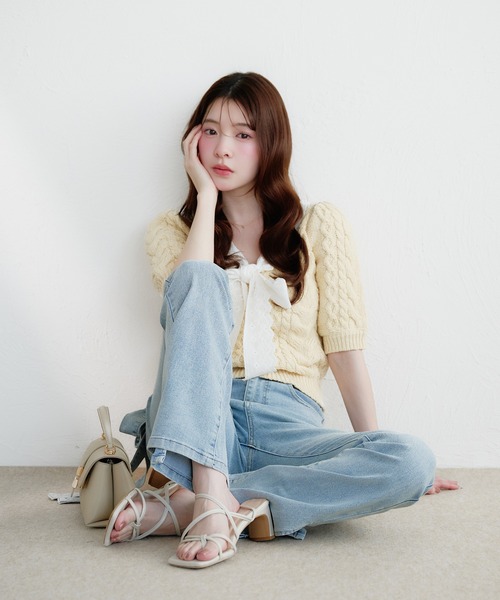 fupel（フぺル）の「cotton lace cable knit tops / コットンレースケーブルニットトップス（ニット/セーター・レディース・アイボリー/ライトグリーン・FREE）」の9枚目の写真