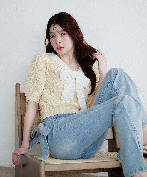 fupel（フぺル）の「cotton lace cable knit tops / コットンレースケーブルニットトップス（ニット/セーター・レディース・アイボリー/ライトグリーン・FREE）」の13枚目の写真