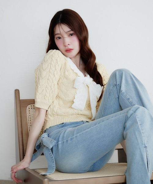 fupel（フぺル）の「cotton lace cable knit tops / コットンレースケーブルニットトップス（ニット/セーター・レディース・アイボリー/ライトグリーン・FREE）」の14枚目の写真
