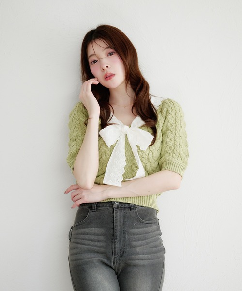 fupel（フぺル）の「cotton lace cable knit tops / コットンレースケーブルニットトップス（ニット/セーター・レディース・アイボリー/ライトグリーン・FREE）」の16枚目の写真