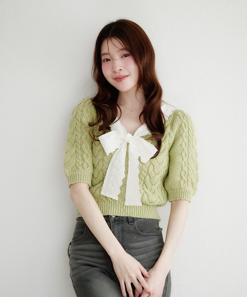 fupel（フぺル）の「cotton lace cable knit tops / コットンレースケーブルニットトップス（ニット/セーター・レディース・アイボリー/ライトグリーン・FREE）」の15枚目の写真