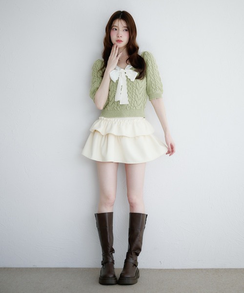fupel（フぺル）の「cotton lace cable knit tops / コットンレースケーブルニットトップス（ニット/セーター・レディース・アイボリー/ライトグリーン・FREE）」の20枚目の写真