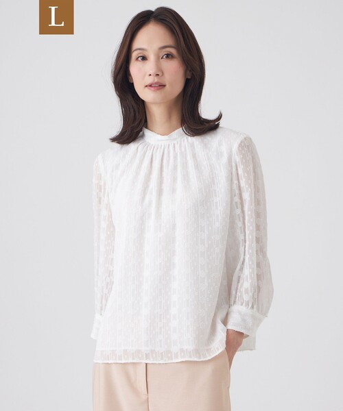 TRANS WORK(トランスワーク)の「【L】【ウォッシャブル】シフォンカットジャガードブラウス(シャツ/ブラウス・レディース・オフホワイト/ネイビー・46/44)」の1枚目の写真